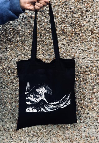 THE GREAT WAVE PRINT BLACK COTTON SHOPPING TOTE BAG