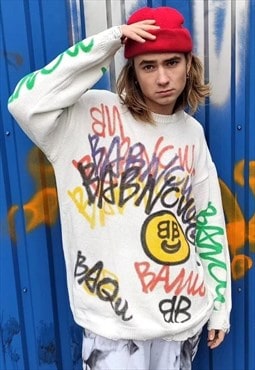 Graffiti print sweater fluorescent knitted rip jumper white