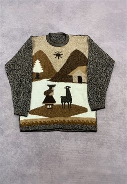 Vintage Knitted Jumper Llama Scene Patterned Knit Sweater