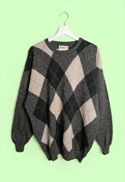 Vintage 80's 90's Unisex Retro Argyle Pattern Wool Sweater