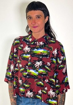 Vintage 90s hawaiian burgundy cropped shirt 