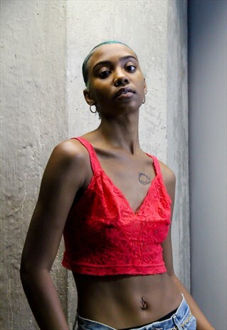 VINTAGE RED LACE BRALETTE 80S CAMISOLE LINGERIE CROP TOP