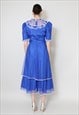 70'S VINTAGE DRESS BLUE LACE SHEER TIERED RUFFLE MIDI