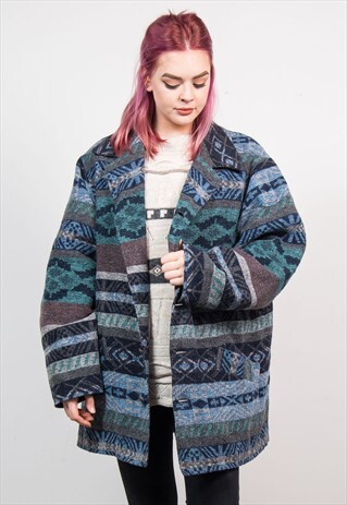 VINTAGE 90'S BLUE AZTEC PATTERN BLANKET COAT