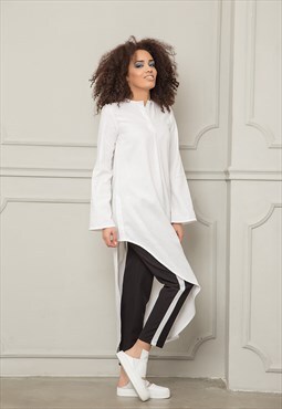 Relaxed asymmetrical maxi linen blouse with flared sleeves 