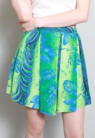 VINTAGE 1990'S VIBRANT GREEN PATTERNED PLEATED MINI SKIRT