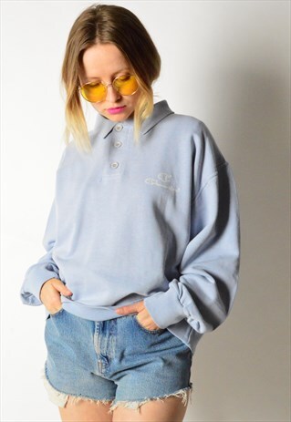VINTAGE 90S PASTEL BLUE 1/4 BUTTON CHAMPION SWEATSHIRT.
