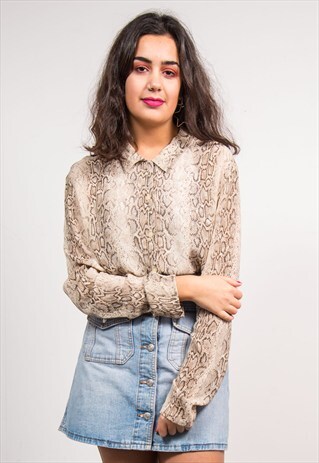 90'S VINTAGE BROWN SNAKESKIN PRINT SHEER SHIRT BLOUSE