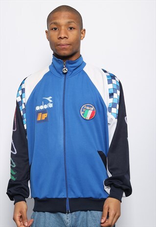 VINTAGE DIADORA ITALY FOOTBALL LOGO TRACK JACKET WHITE BLUE