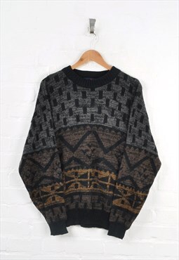 Vintage Knitted Jumper 80s Pattern Black Large