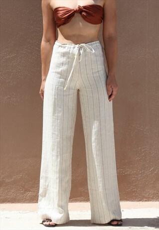 DEADSTOCK CREAM/GREY STRIPED PURE LINEN WIDE LEG PANTS