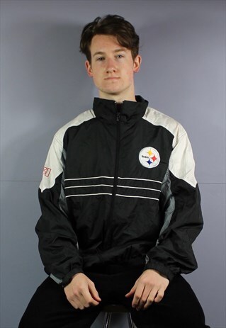 VINTAGE NFL STEELERS WINDBREAKER IN BLACK AND GREY WITH EMBR