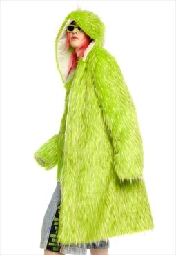  Faux fur long coat raver bomber burning man jacket in green