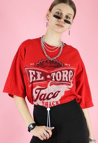 VINTAGE 90S REWORKED CROP TOP IN RED WITH EL TORO TACO PRINT