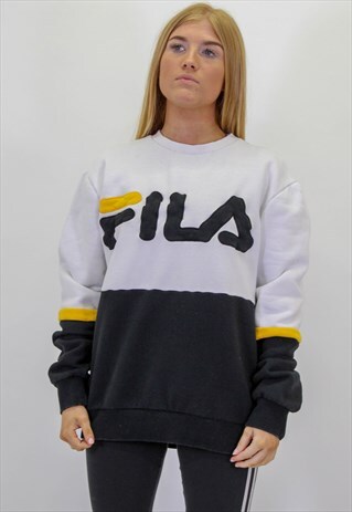 VINTAGE FILA SPELL OUT LOGO IN LARGE WHITE BLACK YELLOW