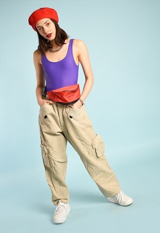 90'S RETRO REGULAR WAIST CARGO DENIM-LIKE TROUSERS