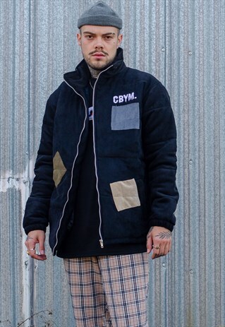BLACK CORDUROY QUILTED PUFFER JACKET, WITH CORD PATCHES