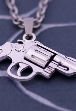 CRW Silver Revolver Pistol Gun Necklace 