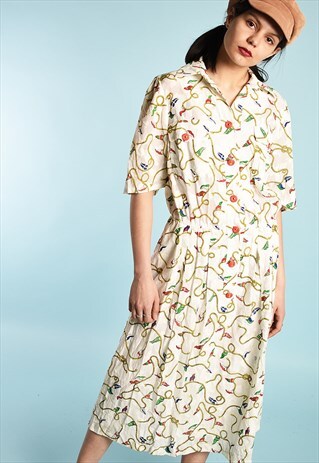 VINTAGE 90'S RETRO FLAGS PRINT MIDI DRESS