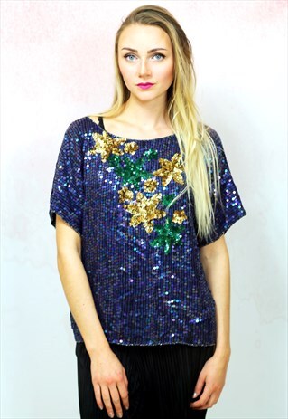 1980S VINTAGE BLUE AND GOLD SEQUIN EMBELLISHED TOP