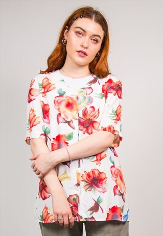 VINTAGE 90'S WHITE & RED FLORAL PRINT COLLARLESS BLOUSE