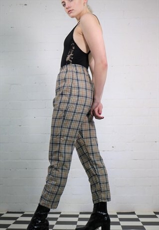 HIGH WAIST TARTAN CHECK TROUSERS IN TAN