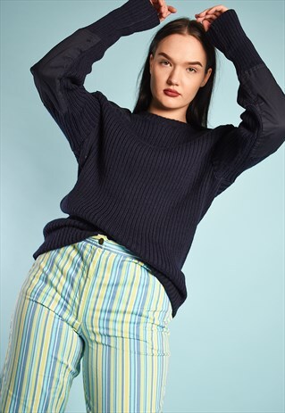 VINTAGE 80S WOOL MILITARY STYLE KNIT JUMPER IN NAVY BLUE