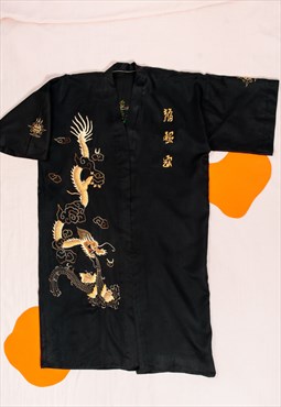 Vintage Kimono Y2K Dragon Embroidery Robe Coat in Black