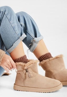 justyouroutfit Faux Fur Lined Zip Ankle Boots Mocha