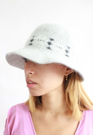 GREY WOOL WINTER PATTERN GEOMETRIC FLUFFY HAT