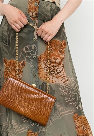 VINTAGE CLUTCH BAG BROWN CROCODILE SKIN IMITATION 70S PURSE