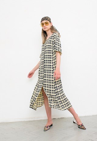 VINTAGE DRESS PLAID YELLOW BLUE CHECK PATTERN MIDI BUTTON UP