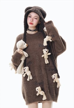 Teddy sweater bear patch jumper knitted Kawaii top in brown