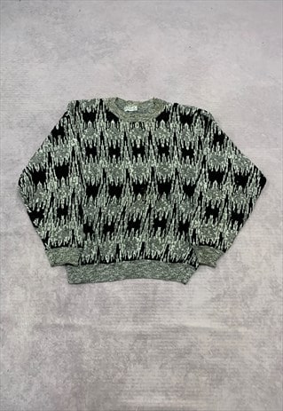 VINTAGE KNITTED JUMPER ABSTRACT PATTERNED GRANDAD SWEATER