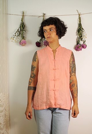 PEACH LINEN NO SLEEVE CHINESE BUTTONS TOP SHIRT MAO COLLAR