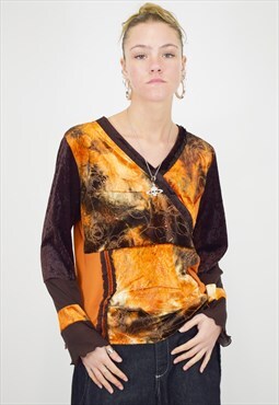 Vintage Y2K Top Graphic Patchwork Velvet Orange Brown