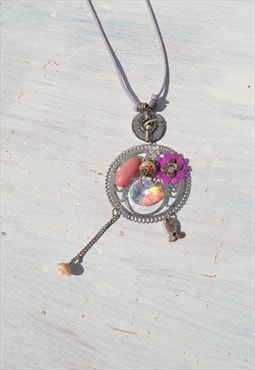 Deadstock cord/glass/plastic boho hippie long pendant 