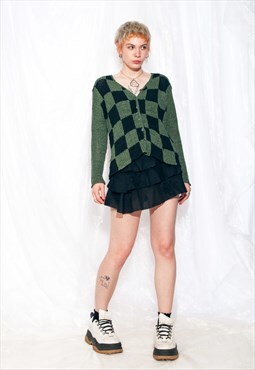 Vintage Knit Cardigan 90s Y2K Checked Jumper in Green