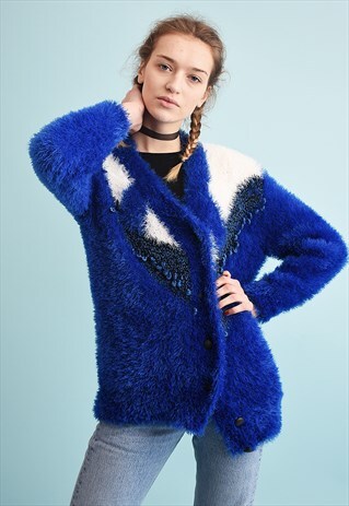 80'S RETRO FURRY FLUFFY MOMS KNIT CARDI