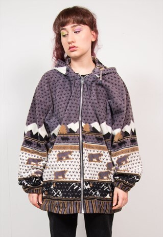 VINTAGE 90'S GREY BEAR PRINT OVERSIZED FLEECE JACKET
