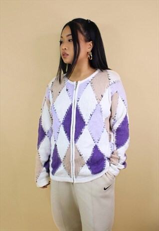 KNITTED ARGYLE ZIP UP JUMPER SWEATER