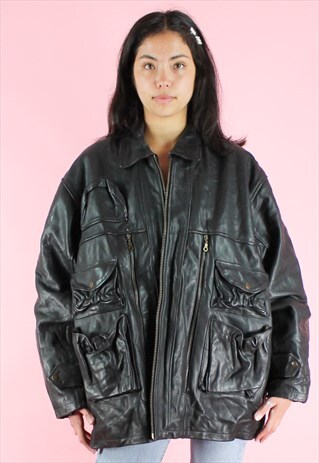 VINTAGE 90S LEATHER JACKET BOMBER Y2K BLACK OVERSIZED RACER