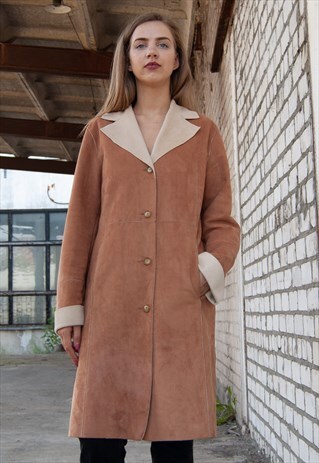 VINTAGE RETRO BEIGE WARM WINTER VELVET SHEARLING COAT