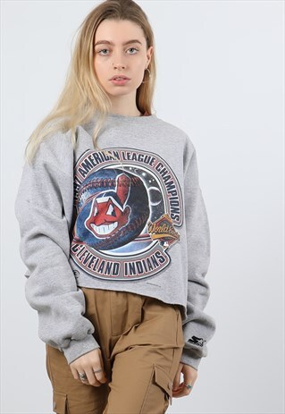 VINTAGE STARTER L GREY CROPPED PRINT SWEATSHIRT