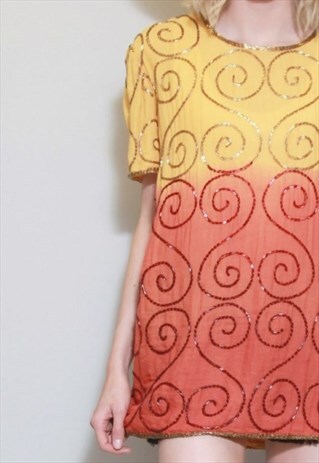 VINTAGE 1980'S YELLOW AND ORANGE OMBRE BEADED TOP