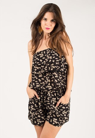 Allover Leaves Print Cotton Playsuits in Black