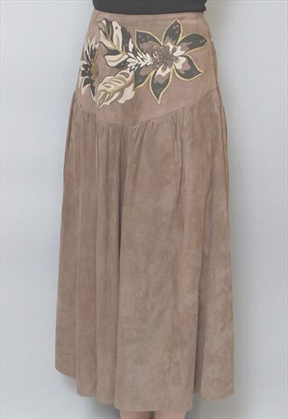 VINTAGE 1970'S SOFT BROWN FLORAL PATTERN MIDI SKIRT