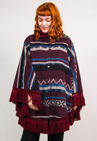 VINTAGE 90'S PURPLE STRIPED PATTERN PONCHO COAT