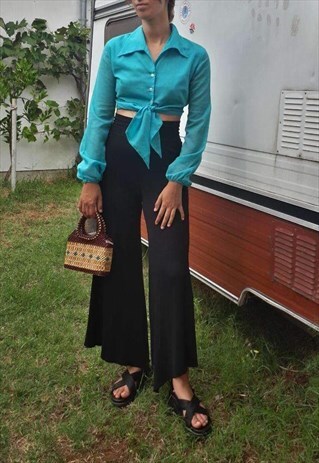 70S CROP TOP TIE FRONT BLOUSE - DAGGER COLLAR