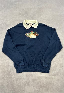 Vintage Sweatshirt Embroidered Bear Cat Patterned Jumper